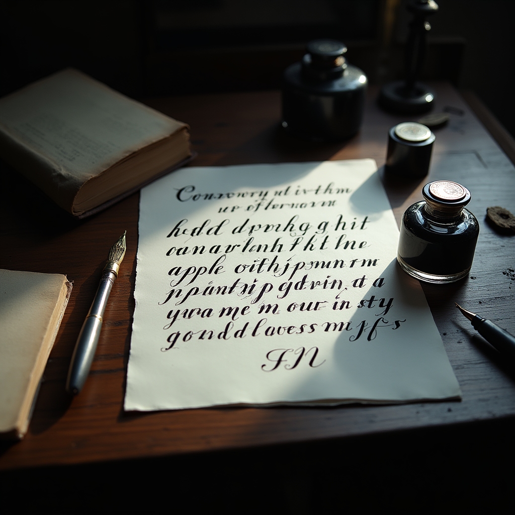 Elegant calligraphy tools laid out on a wooden desk with ink and nibs