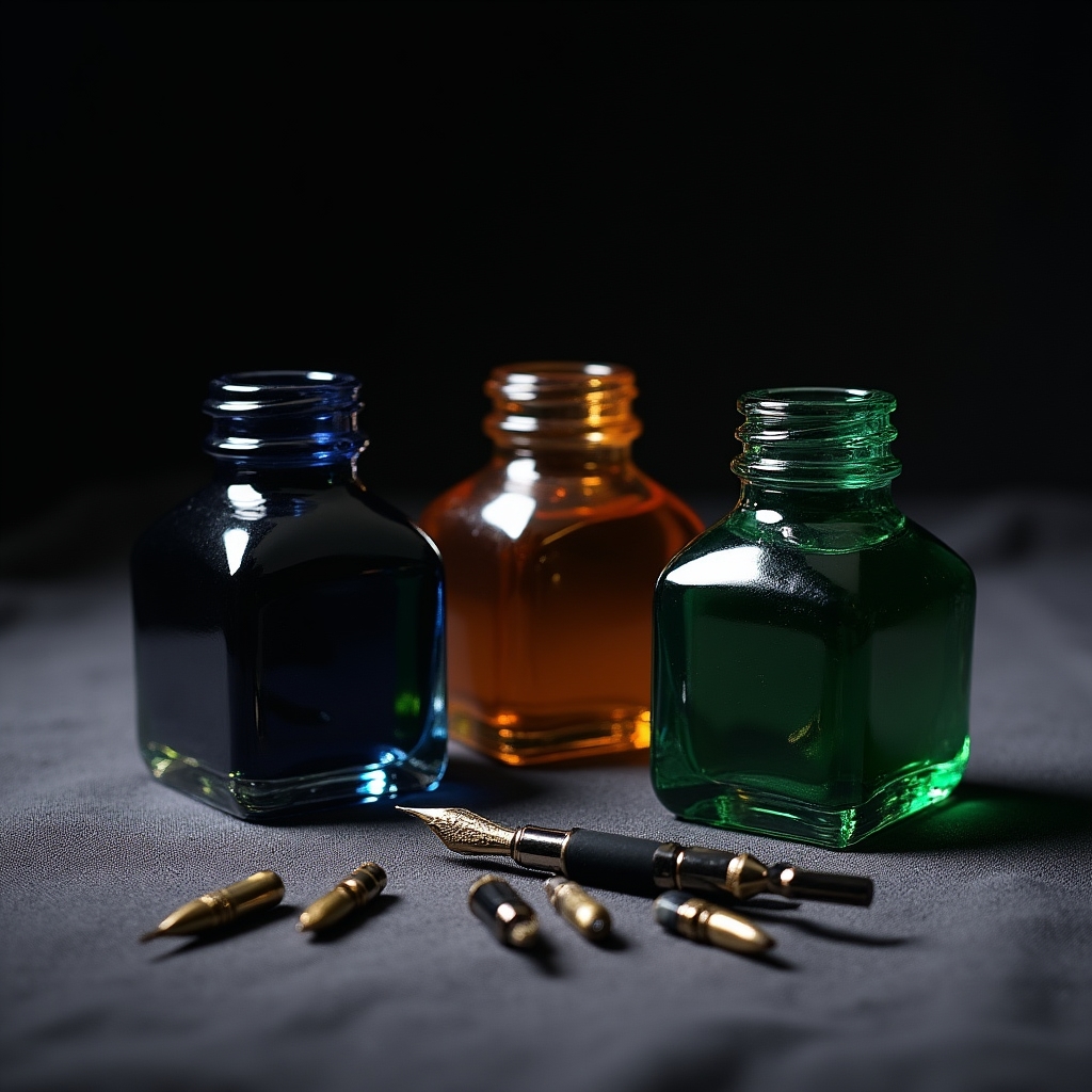 Arrangement of calligraphy ink bottles, nibs, and pen holders on a dark linen surface